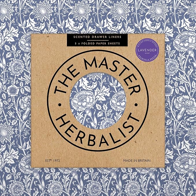 The Master Herbalist Lavender Scented Drawer Liners in a Blue William Morris Design | Pack of 5 Folded Sheets | Contains Lavender Essential Oils | Made in The UK.