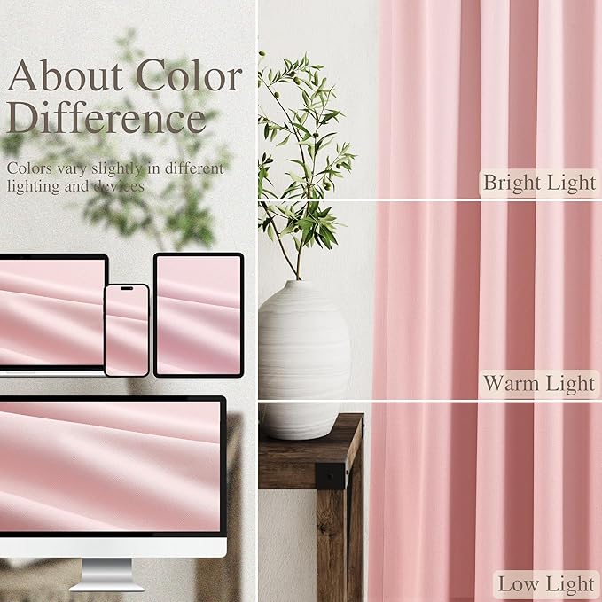 Nanspring Pink Linen Blackout Curtains 120 Inch Length 2 Panels Set Burg Extra Long 10 Ft Back Tab Pocket Drapes Cotton Textured Total Sun Blocking Curtains for Living Room Cottage High Window 52x120