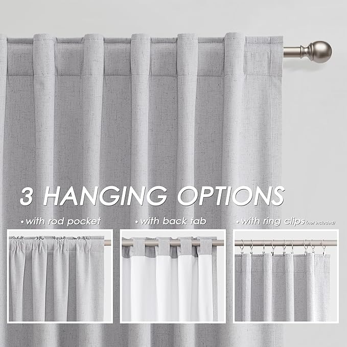 100% Blackout Linen Curtains 102 Inches Long 2 Panels Set for Bedroom Grey Back Tab Black Out Curtains Modern Urban Noise Cancelling Total Light Blocking Window Curtains 102 Length 52X102