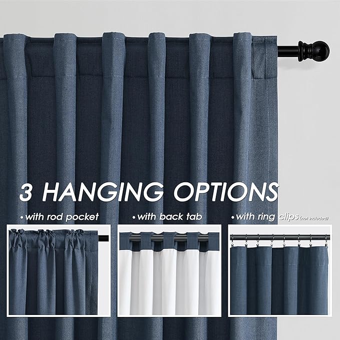 Full Black Out Vintage Blue Window Curtains Panels 102 Inches Long 2 Panels Set for Living Room Cotton Textured Long Blackout Curtain with Backing Thermal Insulated Drapes for Nursery Bedroom 52x102