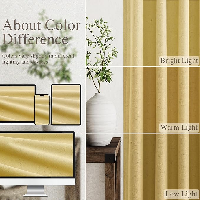 Nanspring Gold Linen Blackout Curtains 90 Inches Long Back Tab Pocket Noise Cancelling Sound Proof Total Sun Blocking 2 Panels Set for Sliding Door Modern Farmhouse Curtains Drapes 52x90