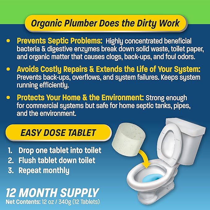 Septic Tank Cleaner Treatment, Bacteria x Natural Enzyme Flushable Bio Tabs, Rid Sewage Waste & Clean Field System, 1 Year of Tablets