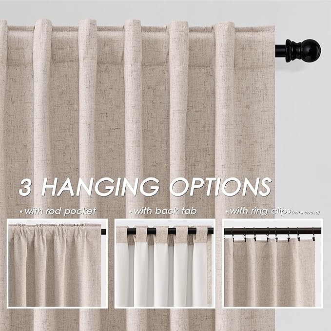 100% Blackout Linen Curtains 90 inch Length 2 Panels for Living Room Loop Pocket Pinch Pleated Black Out Drapes Oatmeal Heat Reducing Total Blackout Window Curtains for Bedroom 90 inches Long