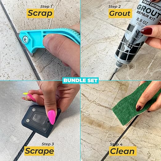 PentaUSA Grout - Tile Grout Repair Kit with Grout Removal Tool, Premix Grout Bundle Set with Remover Saw, Sponge and Cleaner (8.8 Oz - 250gr) (Black)