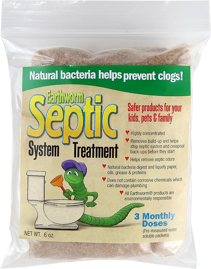 Earthworm Septic Tank System Treatment Cleaner! - 3 Monthly Doses - Pre-Measured Water Soluble Packets - Natural Enzymes, Safer for Family, Environmentally Responsible - 6 Oz.