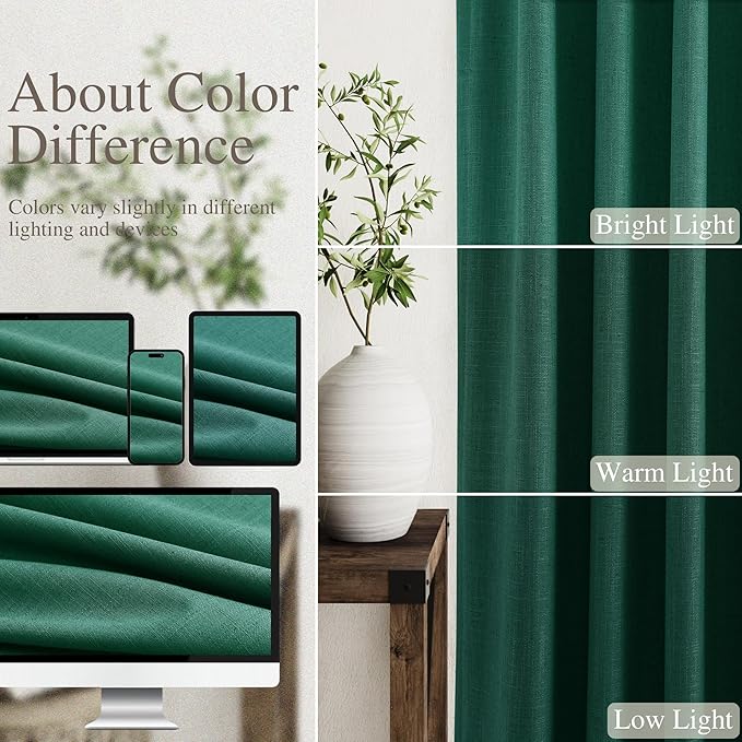 Dark Green Linen Curtain 108 Inches Long 2 Panel Set Blackout Curtains with Back Tab Pocket Cotton Textured Room Darkening Noise Reducing Drapes for Bedroom Cottage High Window 52x108