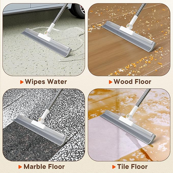 Floor Squeegee for Concrete Floors, 180° Rotating Silicone Broom, Squeegee for Floor with a 62" Handle, Includes 2 Cleaning Cloths, Water and Pet Hair Remover for Bathroom Floors, Tile, Deck and Glass