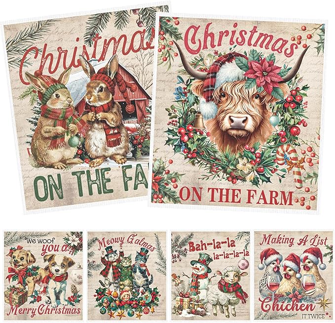 Christmas Swedish Dishcloths for Kitchen, 6 Pack Vintage Farm Animals Reusable Paper Towels Housewarming Gifts for Women, Xmas Absorbent Dish Rags for Home Cleaning