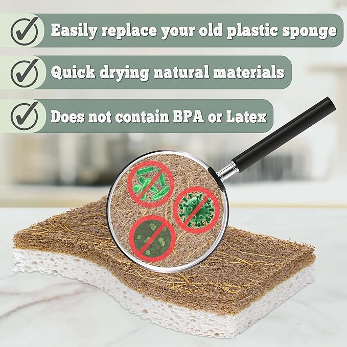 Natural Kitchen Sponge - Biodegradable Compostable Plant Based Coconut Scrubber Sponge - 14pcs