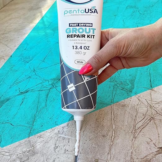 PentaUSA Tile Grout - Large Grout Filler Repairs Renews Tube, Fast Drying Grout Repair Kit, Odorless Formula - Grout Floater Included - 13.4oz / 380gr (White)
