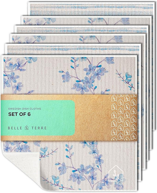 Swedish Dish Cloths for Kitchen - Reusable Cellulose & Cotton Cleaning Kitchen Cloth Towels - Absorbent Dishcloth for Washing, Cleaning, Dishes, Counter & More - Assorted 6 Pack of Washable Dishcloths