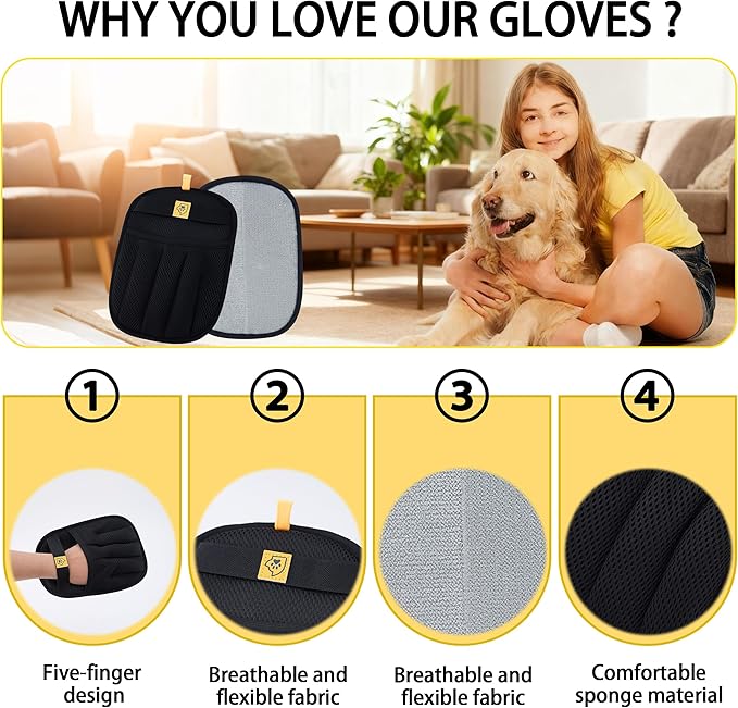 Cat Hair Remover Glove – Reusable Washable Electrostatic Pet Hair Removal Glove for Clothes, Couch & Car – 5-Finger Cleaning Glove for Cats & Dogs – 1Pcs (Black)