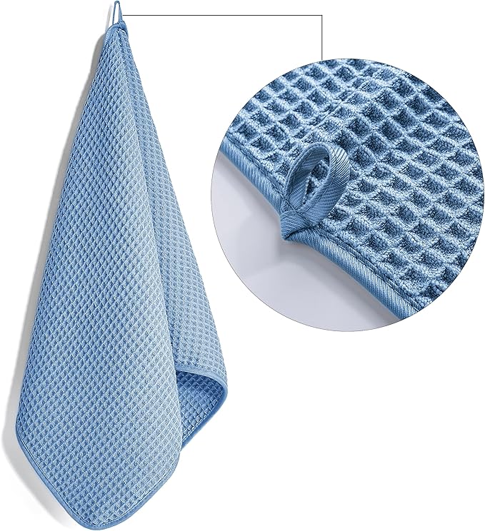 POLYTE Microfiber Lint Free Hand Towel, 16 x 30 in, 4 Pack (Blue, Waffle Weave)