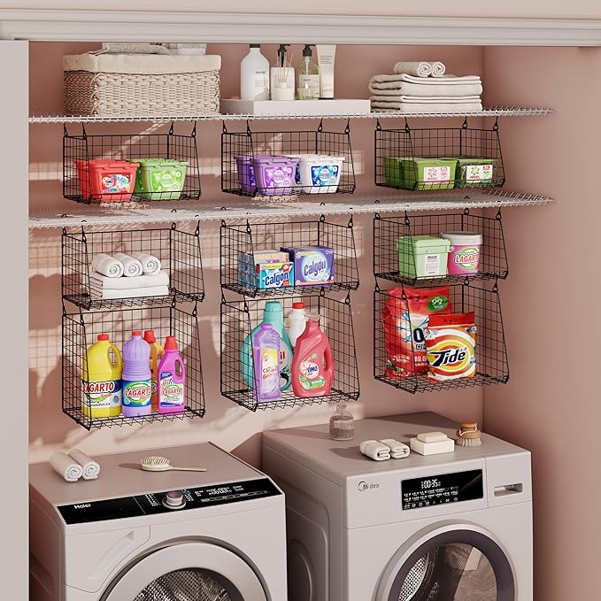 4-Pack Hanging Laundry Room Organizer：Foldable Laundry Room Organizaton Wire Basket with 360°Rotating Hooks Space Saving Over Washer and Dryer Shelves - Metal Laundry Basket Storage, Black Patent