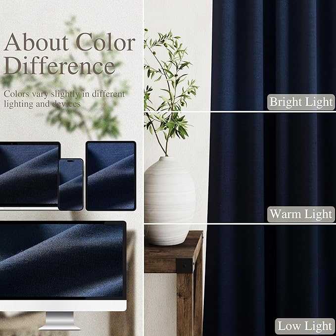 100% Blackout Linen Curtains 102 Inches Long 2 Panels for Bedroom Back Tab Pinch Pleated Black Out Curtain Modern Urban Noise Cancelling Total Light Blocking Window Curtains 102” Length,Navy Blue