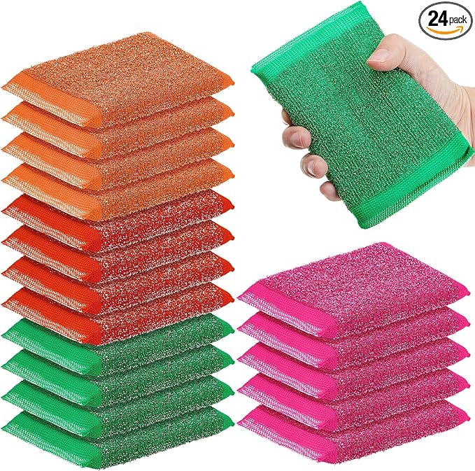 Thyle 24 Pack Steel Scrub Sponges for Dishes Non Scratch Scouring Sponge Multi Use Metal Scrubber Heavy Duty Dish Wash Kitchen Sponge for Pot Dish Washing Hard Surface Cleaning Tools (Vibrant Color)
