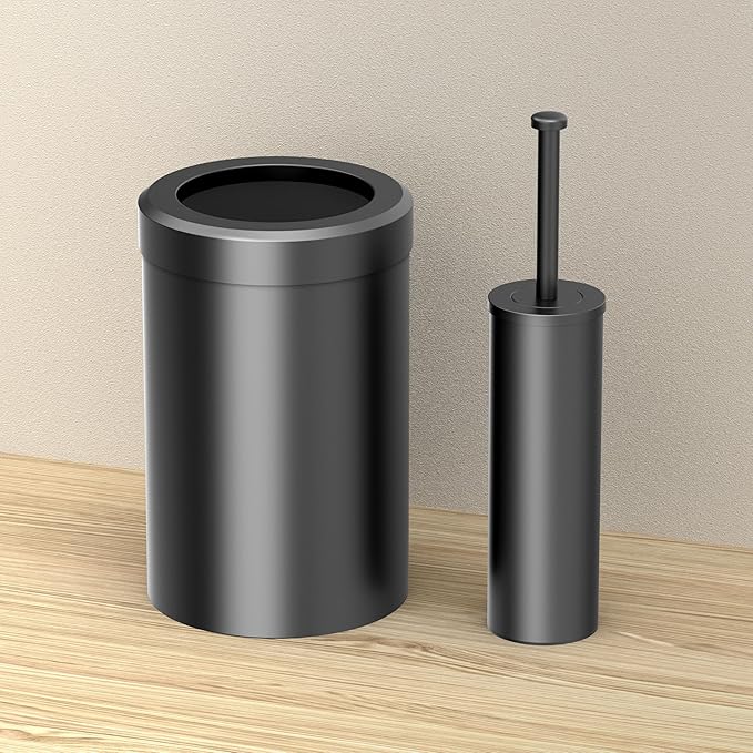 Gatco Modern Round Waste Basket and Toilet Brush Set, Matte Black- Stainless Steel Trash Can with Removable Lid, Leakproof, 3 Gallon Capacity for Bathroom, Bedroom, Kitchen, or Office