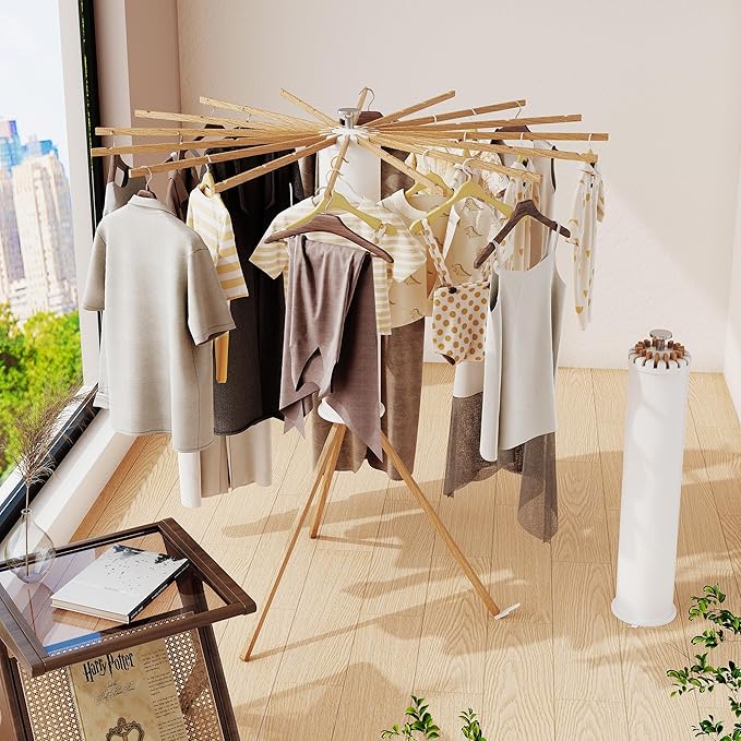 Tripod Clothes Drying Rack Foldable,Floor Standing Drying Rack Clothing,(16 Wood Poles),Laundry Drying Rack,Clothes Hanger Rack,Laundry Rack Folding,Collapsible,Retractable