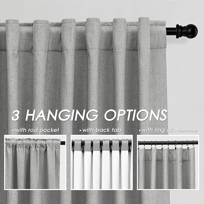 Charcoal Linen Curtains 90 inch Length 2 Panels Set for Bedroom Thermal Insulated 100% Blackout Linen Drapes Back Tab Neutral Rustic Modern Farmhouse Room Darkening Curtain 52x90