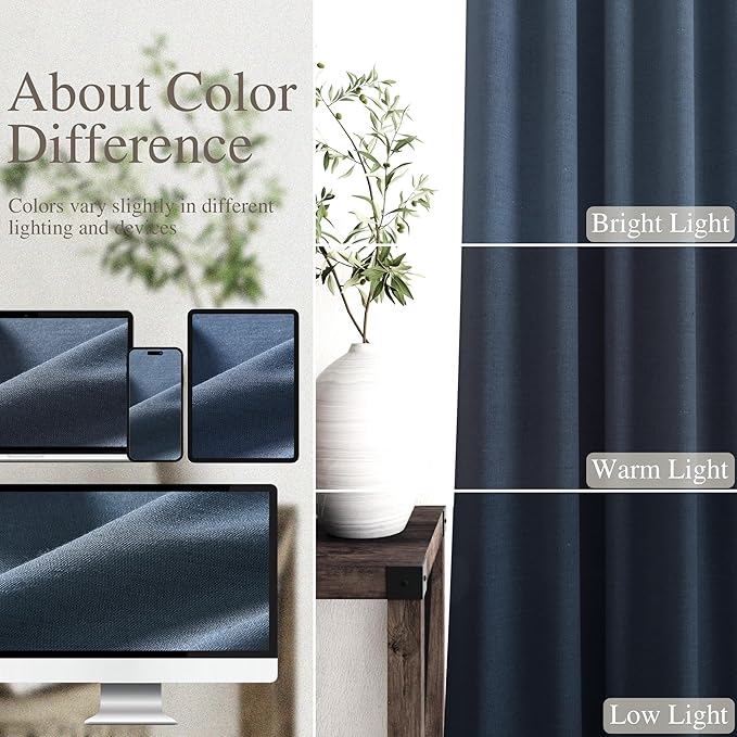 Full Black Out Vintage Blue Window Curtains Panels 102 Inches Long 2 Panels Set for Living Room Cotton Textured Long Blackout Curtain with Backing Thermal Insulated Drapes for Nursery Bedroom 52x102