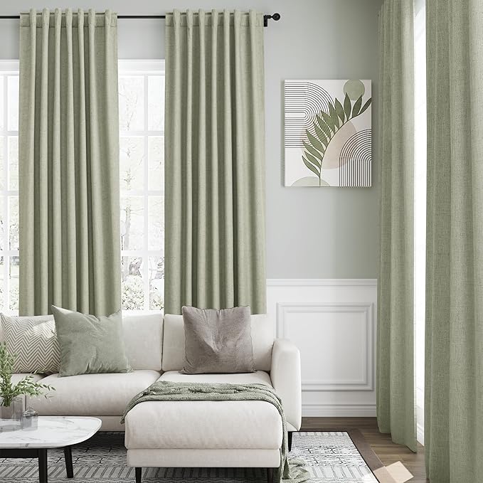 Nanspring Sage Green Linen 100% Blackout Curtains 100 inch Length Back Tab Rod Pocket Drapes Thermal Insulated Textured Living Room Black Out Curtains 2 Panels Set 52x100