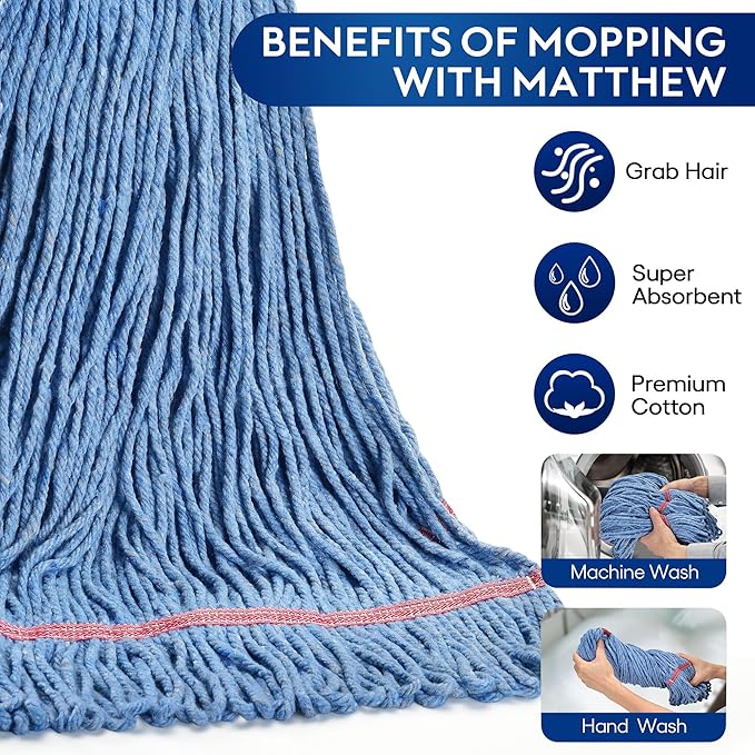 Matthew Cleaning 24oz Heavy Duty Mop Head Commercial Replacement for General and Floor Cleaning, Wet Industrial Blue Cotton Looped End String Head Refill (Pack of 6) Blue