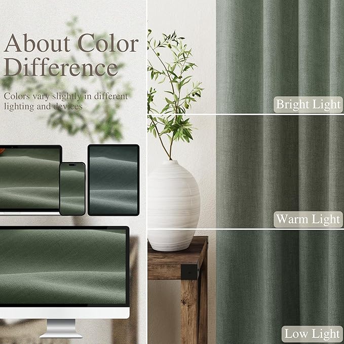 Nanspring Olive Green 100% Blackout Curtains 63 inches Long for Bedroom Boho Farmhouse Back Tab Rod Pocket Thermal Insulated Textured Short Room Darkening Curtains 2 Panels Set 52x63 Inches