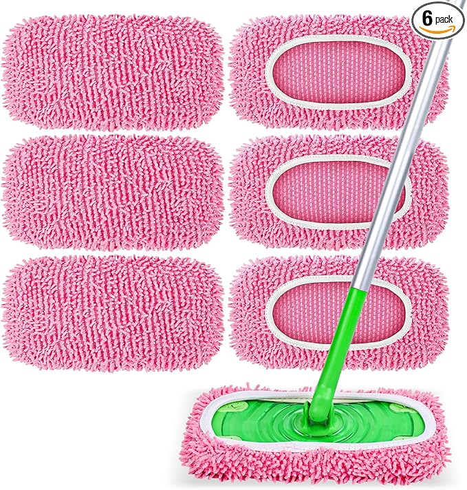 6 Pack Reusable Mop Pads Compatible with Swiffer Sweeper, Chenille Mop Refill Pads, Dry & Wet Mopping Cloths for Floor Cleaning -Pink
