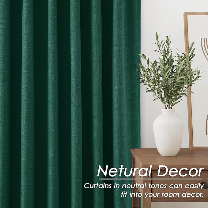 Dark Green Linen Curtain 108 Inches Long 2 Panel Set Blackout Curtains with Back Tab Pocket Cotton Textured Room Darkening Noise Reducing Drapes for Bedroom Cottage High Window 52x108