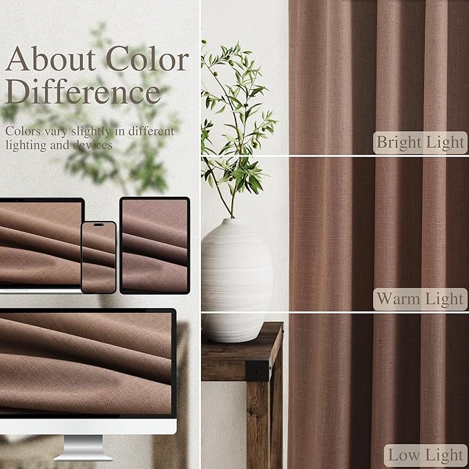 Nanspring Caramel Brown Linen Blackout Curtains 84 Inches for Bedroom Modern Farmhouse Living Room Draperies Cream Colored Thermal Insulated Full Shading Curtains for Sliding Door 52x84