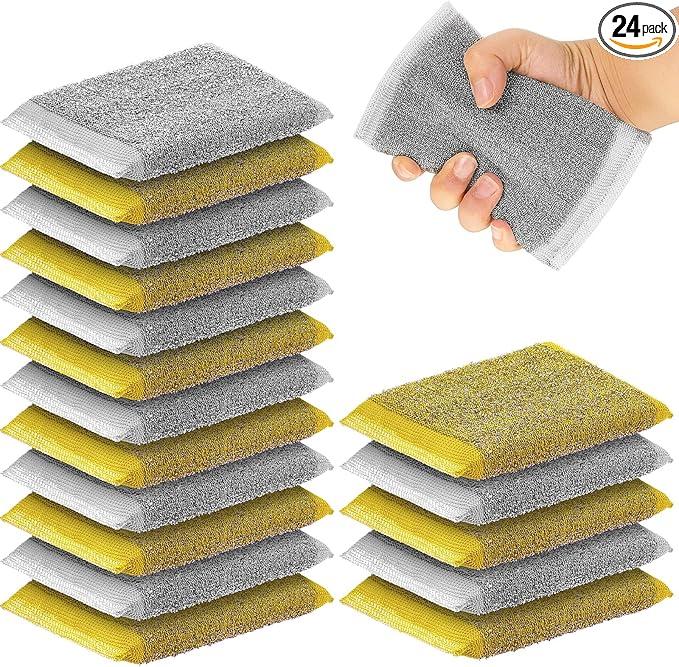 Thyle 24 Pack Steel Scrub Sponges for Dishes Non Scratch Scouring Sponge Multi Use Metal Scrubber Heavy Duty Dish Wash Kitchen Sponge for Pot Dish Washing Hard Surface Cleaning Tools (Gray,Yellow)