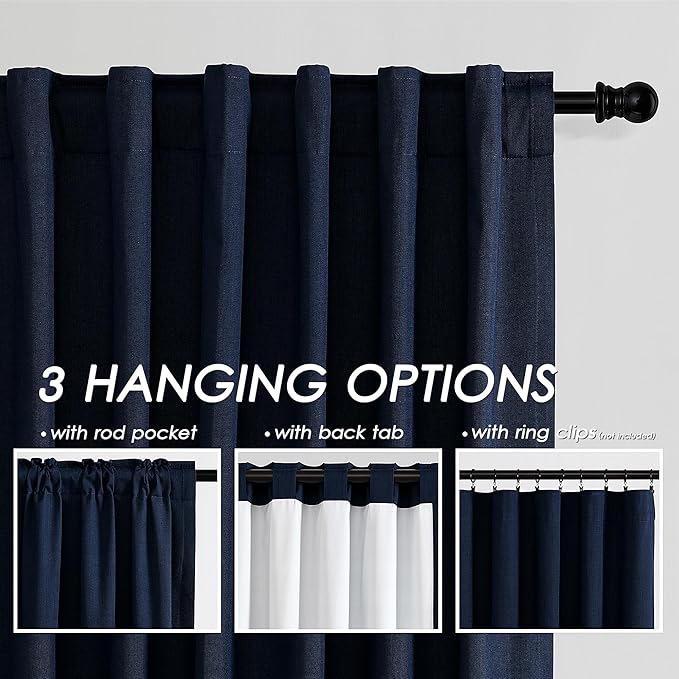 100% Blackout Linen Curtains 102 Inches Long 2 Panels for Bedroom Back Tab Pinch Pleated Black Out Curtain Modern Urban Noise Cancelling Total Light Blocking Window Curtains 102” Length,Navy Blue
