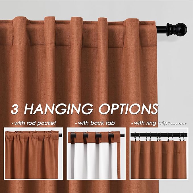 Nanspring Terracotta Linen 100% Blackout Curtains 95 inch Length Back Tab Rod Pocket Drapes Thermal Insulated Textured Living Room Black Out Curtains 2 Panels Set 52x95