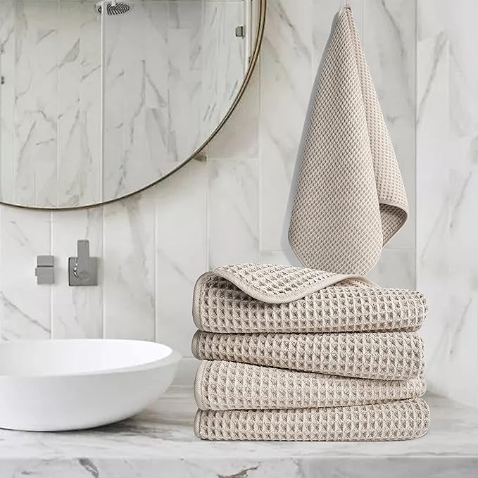 POLYTE Microfiber Lint Free Hand Towel, 16 x 30 in, 4 Pack (Beige, Waffle Weave)