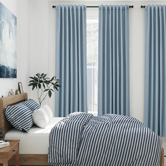 Blue Blackout Curtains 96 Inches Long for Bedroom Linen Blend Back Tab Darkening Drapes for Living Room Elegant Modern Style Black Out Curtains 2 Panels Sound Proof Curtain for Window 52X96