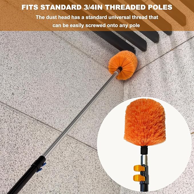 2 Pack Twist-On Cobweb Duster Head, Fits Standard 3/4 inch Threaded Poles, Attachment Spider Web Duster Brush for Outdoor & Indoor Cleaning (Orange)