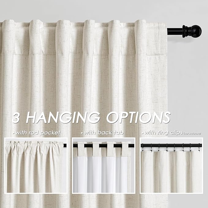 Beige White Linen Curtains 102 Inches Long Thermal Insulated Back Tab Rod Pocket Drapes Cooling Noise Cancelling Full Shading 2 Panels Set for Bedroom Modern Urban Curtains Drapes 52x102