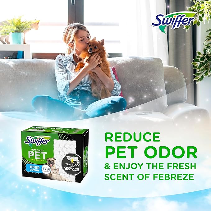 Swiffer Sweeper Pet, Heavy Duty Dry Sweeping Cloth Refills with Febreze Odor Defense, Floor Cleaning, 32 Count