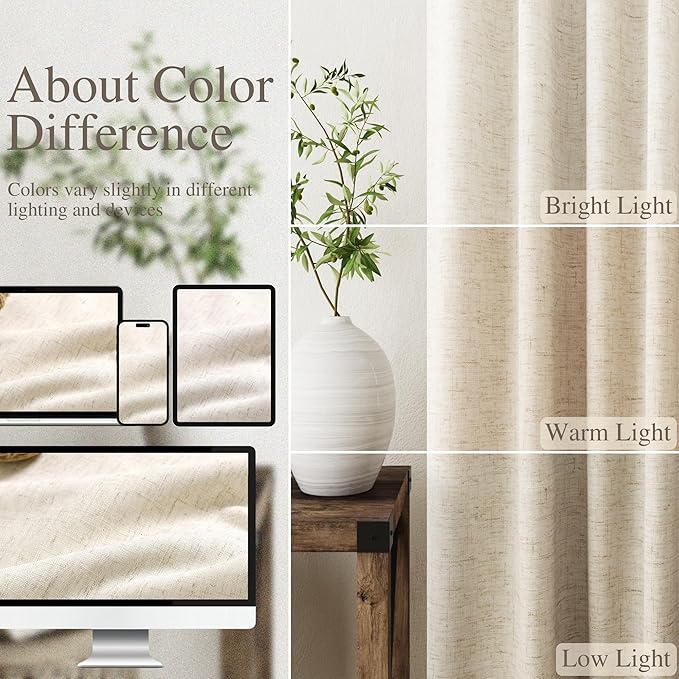 Beige Blackout Linen Curtains 100 Inches Long 2 Panels for Bedroom Back Tab Pinch Pleated Thermal Insulated Black Out Curtains Boho Farmhouse Drop Cloth Room Darkening Curtain Taupe Tan