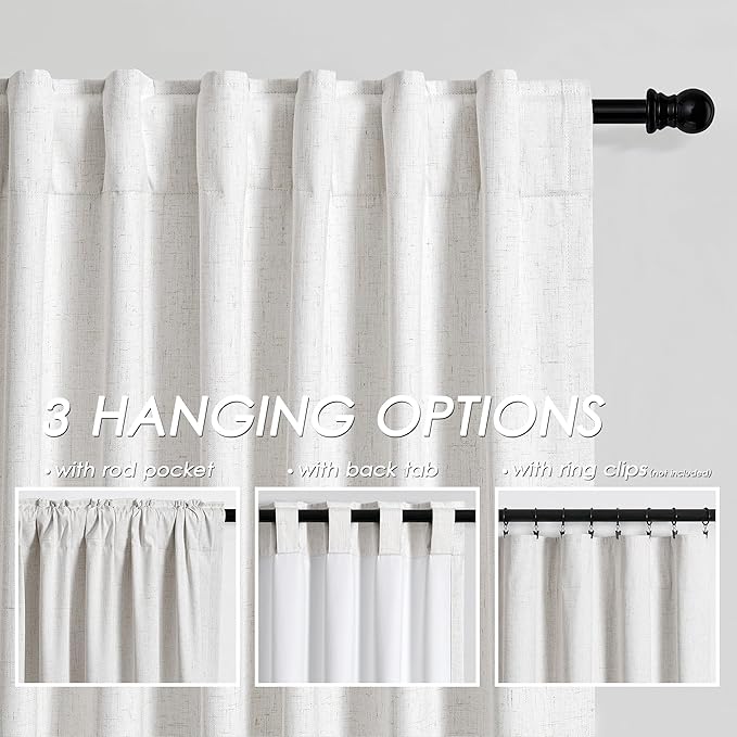 Nanspring Ivory Linen Blackout Curtains 96 Inches Long 1 Panel Set for Living Room Back Tab Pinch Pleated Blackout Curtain Drapes Boho Farmhouse Neutral Cream Bedroom Black Out Curtain 60x96
