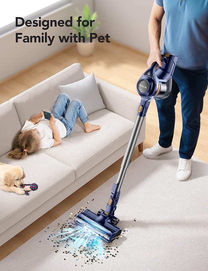 QikCln Cordless Vacuum Cleaner, 23 Kpa Powerful Suction, 1.3 L Large Capacity, 2 Modes & 30Mins Runtime, Rechargeable Stick Vacuum for Pet Hair Hardwood Carpet - Blue