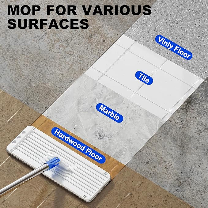BEJOMOP Mop and Bucket Set with Wringer, Dry & Wet Dust Mop for Household Floor Cleaning with 5 Microfiber Mops, Flat Squeeze Spin Wall Mop Cleaner with Long Handle, Slate Blue