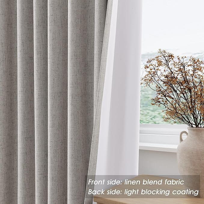 Silver Linen Curtains for Bedroom Black Out 96 Inch Long Full Blackout Back Tab Rod Pocket Curtains for Living Room Neutral Rustic Style Insulated Light Blocking Drapes 96 Inches Long 2 Panels 8 Ft