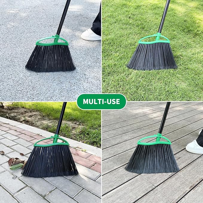 HileSwan 2 Pack Heavy Duty Brooms, 55" Long Handle Indoor Outdoor Angle Broom Set, Household Commercial Floor Cleaning, for Sweeping Home, Kitchen, Deck, Garage, Patio - Green