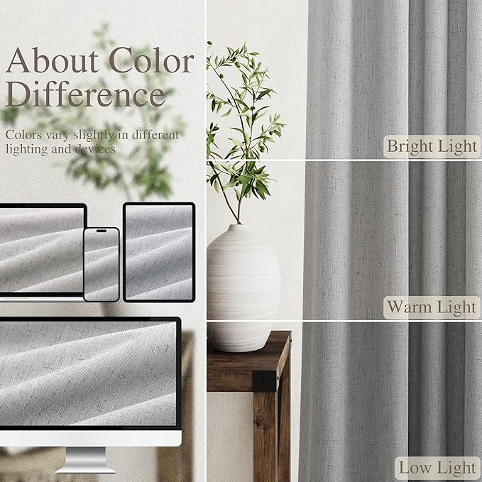 Silver Grey Linen Curtains for Bedroom Black Out 96 Inch Long Full Blackout Back Tab Pocket Curtains for Living Room Neutral Rustic Insulated Light Blocking Drapes 96 Inches Long 2 Panels 8 Ft