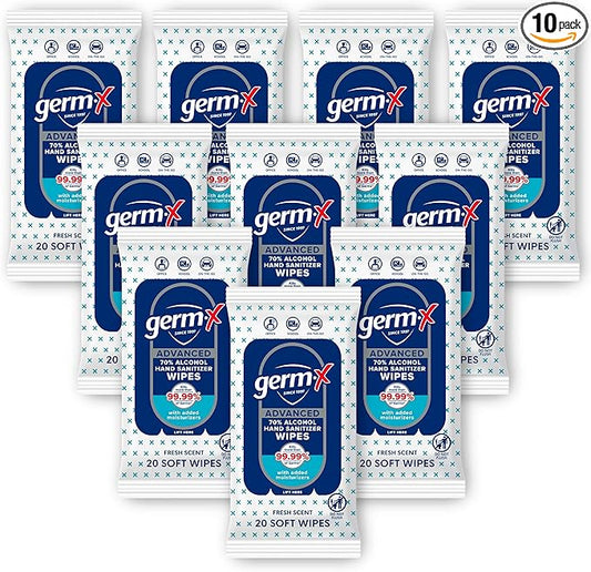 Germ-X Advanced Single-Use Hand Sanitizer Wipes, 20 Soft Wipes (Pack of 10), Fast-Drying & No Rinse Plant-Based Alcohol, Moisturizing Hand Sanitizer with 70% Alcohol