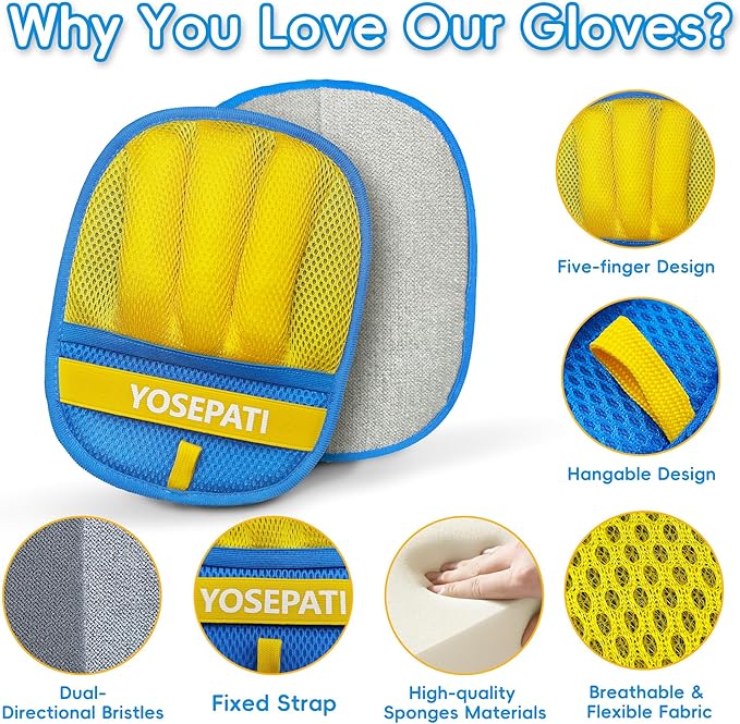 YOSEPATI Thickened Ectrostatic Pet Hair Removal Glove for Cat & Dog, Upgraded Five-Finger Reusable Magic Brush Pet Hair Remover Tool for Couch, Clothing, Carpet & Car Seat, Cat Grooming Gloves