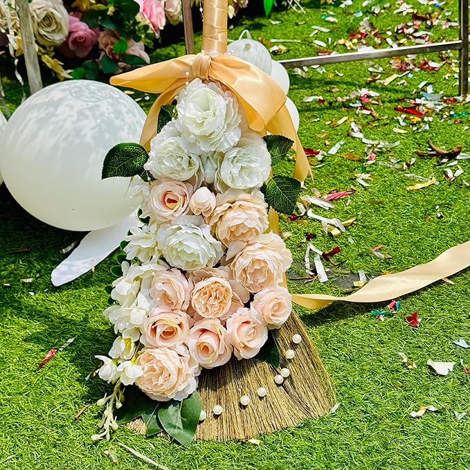 TTS For Home - Wedding Brooms Bride Bridegroom, Jumping The Broom for Wedding, Natural Whisk Broom with Ribbons, Artificial Pearl, Leaves,Roses for Decorative Wedding