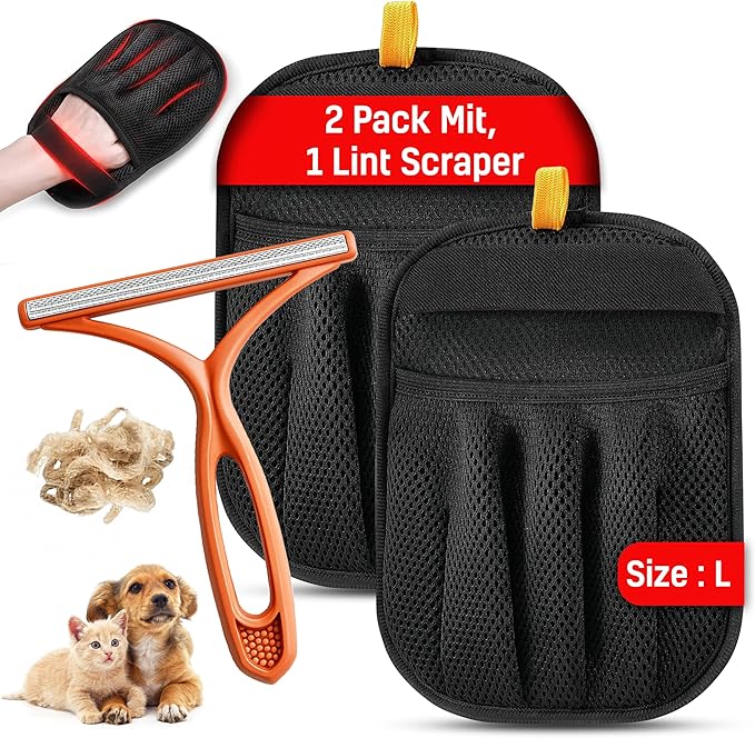 3 pcs Pet Hair Removal Glove for Dogs and Cats (2 Pack Mit, 1 Lint Scraper) - Electrostatic Fur Remover, Five Finger Magic Brush Pet Hair Remover Tool for Laundry, Cloths, Car Mats, Sofa & Bedding