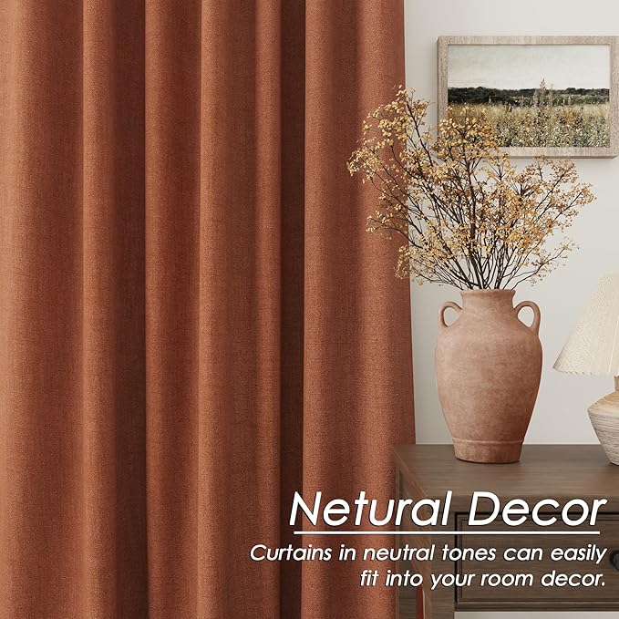100% Blackout Linen Curtains 84 Inch Length 2 Panels Terracotta Light Blocking Darkening Living Room Curtains 84 Inches Long Elegant Modern Back Tab Pocket Noise Reducing Drapes for Nursery 52X84